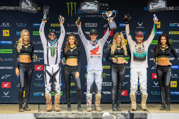450SX Class podium (riders left to right) Eli Tomac, Chase Sexton, and Ken Roczen. Photo Credit: Feld Motor Sports, Inc.
